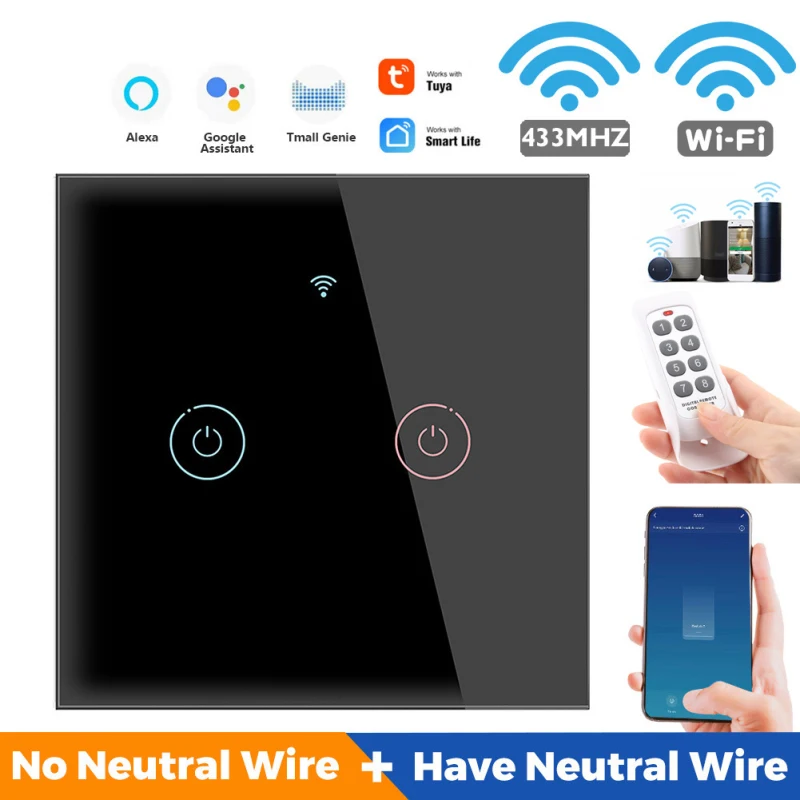 

Tuya Wireless Remote Wall Switch,250V Smart Home Voice Remotely Control Touch Sensor Light Smart Life App,Via Alexa Google Home