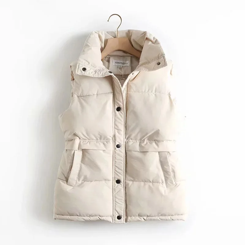 2021 Autumn Winter Women Solid Loose Vest Drawstring Stand Collar Long Vest Jacket  Cotton Padded Women Windproof Warm Waistcoat
