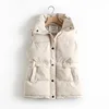 Autumn Winter Women Solid Loose Vest Drawstring Stand Collar Long Vest Jacket  Cotton Padded Women Windproof Warm Waistcoat 1