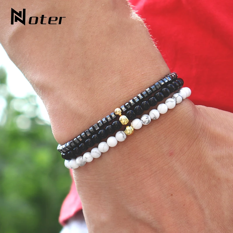 

Noter Men Bracelet Set 3pcs 4mm Small Beads Bracelet For Hombre Hiphop Rock Link Braslet Natural Hematite Braclet Bileklik Erkek