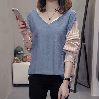 

Plus Size Contrast Color V-neck Sweaters Batwing Sleeve Thin Pullover 2019 Autumn Fat Mm Fashion Loose Long Sleeve Knit Sweater