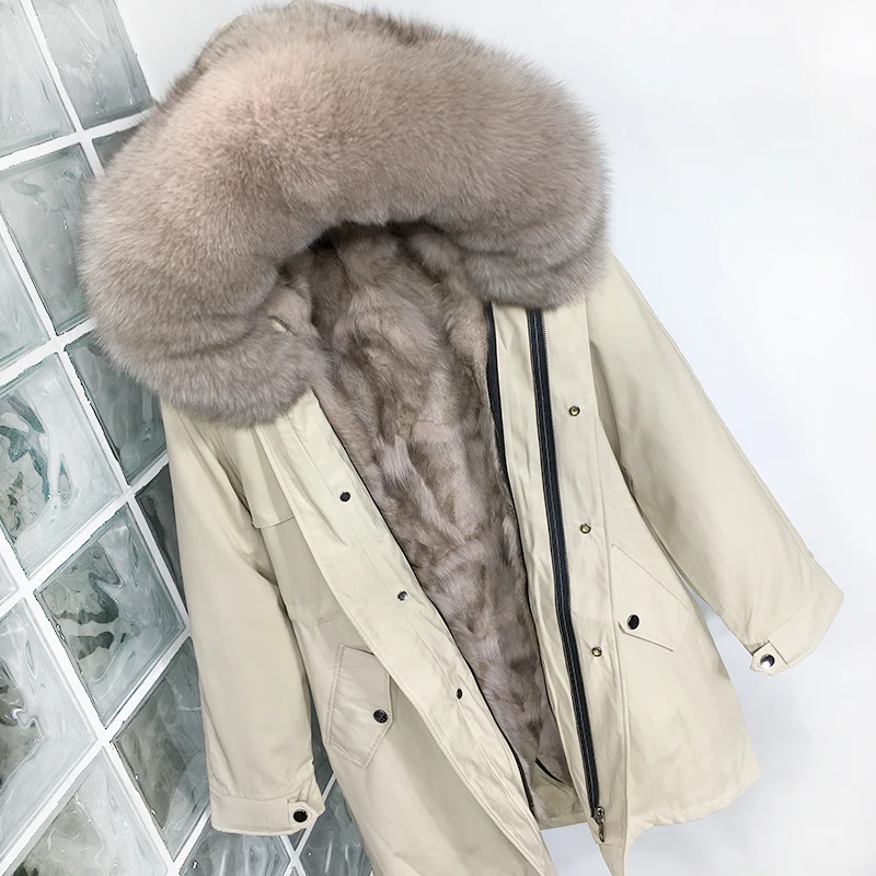 Plus Size Real Fur Coat Waterproof Parka Mujer Winter Jacket Women Natural Fox Fur Collar Liner Hood Thick Warm Outerwear Hat - Color: MiddleLong Khaki