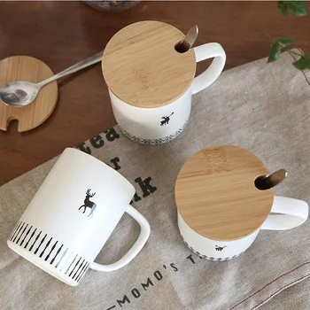 

Simple Cartoon Deer Ceramic Mug Cute Coffee Cup with Wooden Lid Spoon 350ml Capacity Household Juice Milk Cups Office Water Mugs