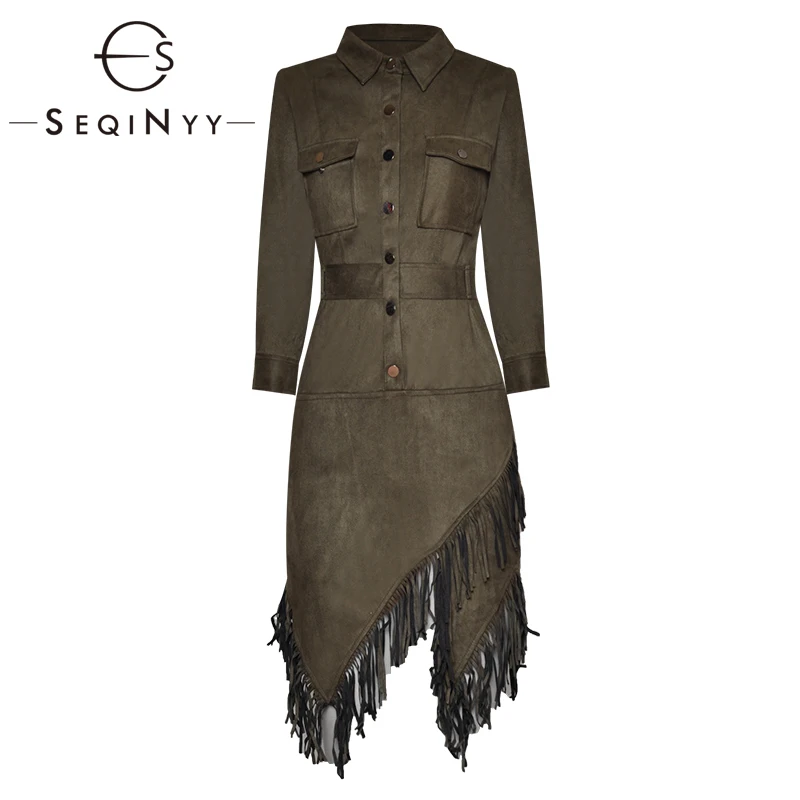

SEQINYY Green Dress 2020 Spring Autumn New Fashion Design Women 3/4 Sleeve Sheath Office Lady Tassel Mini Dress