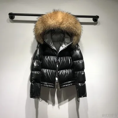 black Yellow fur Winter Coat Wome White Duck Down Coat real fur coat natural fox fur collar Loose Hooded Short Coat Warm Down jacket student - Цвет: black Yellow fur