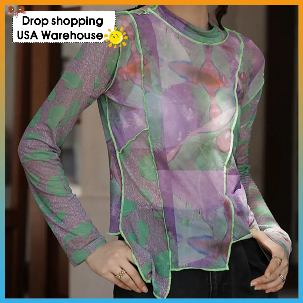 

Psychedelic contrast printing irregular stitching gauze all-match inner top Mesh Top Purple Green Blouse Women Patchwork Top