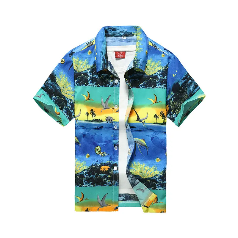 Men Hawaiian Shirt Fashion Casual Button Hawaii Print Beach Short Sleeve Quick Dry Top Blouse M-5XL