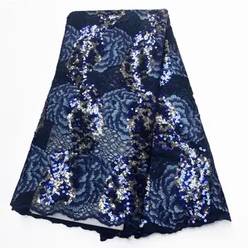 

wholesale Sequins Lace Fabric 2019 Bule sequins Nigerian Laces Fabric High Quality French Tulle Lace Fabric For Women Dress