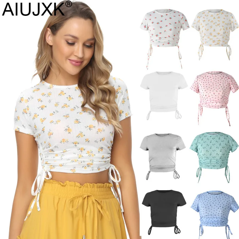AIUJXK de moda de verano Top estampado Floral Camiseta de manga corta de las mujeres 2021 nuevo cordón Casual Tee mujeres camiseta Crop Tops