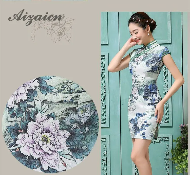 Синий Шелковый Cheongsam Восточный вечернее платье Qipao Для женщин китайское традиционное платье халат Orientale с цветочным принтом Vestido