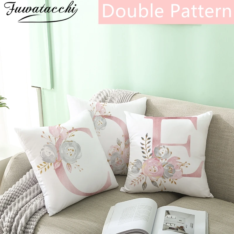 

Fuwatacchi Pink Letter Cushion Cover Flowers Pillow Cover for Sofa Pillows 45*45cm English Alphabet Pillowcase Home Decor