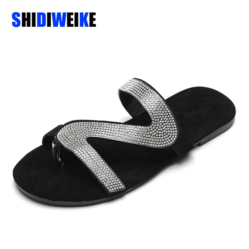 

2020 Fashion Sexy Summer Women Sandals Sliver Crystal Shiny Slip-On Cut Out Ladies Flat Sandals Outdoor Holiday Slides I111