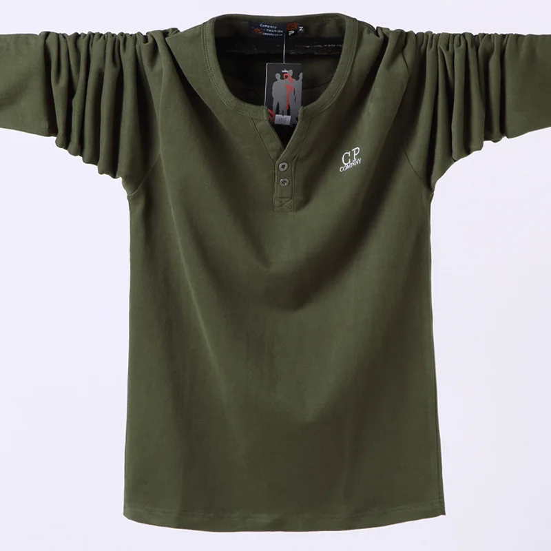 Большой размер 4XL 5XL 6XL Мужская свободная футболка с v-образным вырезом Осенняя Новая модная повседневная хлопковая футболка с длинными рукавами Мужская брендовая одежда - Цвет: Армейский зеленый