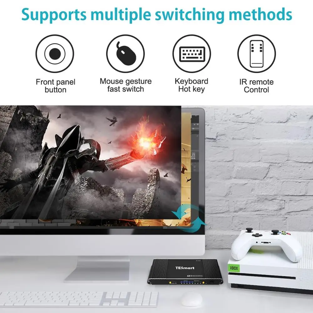 KVM Switch 4 Port 4K@60Hz Ultra HD 4x1 with 2 Pcs 5ft KVM Cables Supports USB 2.0 Device Keyboay  & Mouse Pass Through