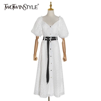 

TWOTWINSTYLE Elegant Polka Dot Women's Dress Square Collar Puff Short Sleeve High Waist With Sashes Dresses Female 2020 Clothing