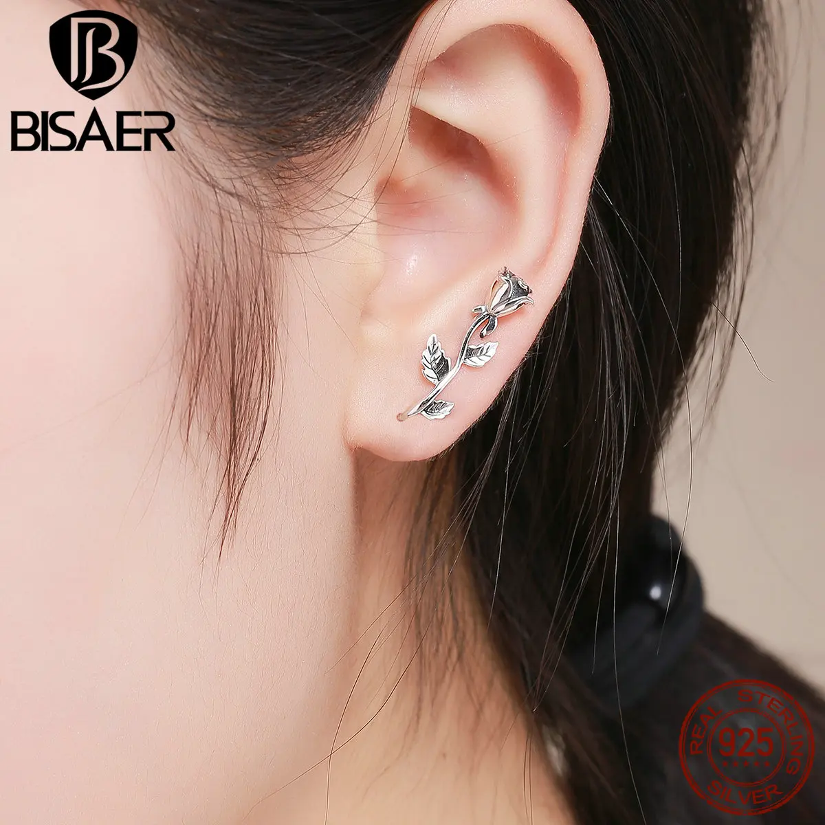 BISAER, подлинный 925 пробы, серебро, Ретро стиль, 3D, роза, цветок, серьги-гвоздики для женщин, Дамская мода, серебряные ювелирные изделия, подарок GXE380