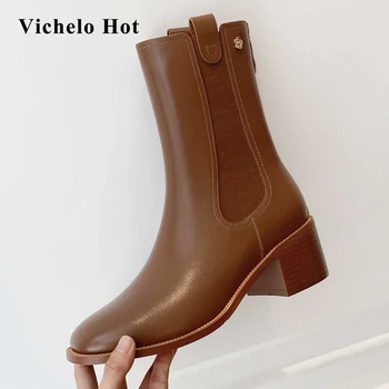 

Vichelo Hot work boots genuine leather metal decorations square toe thick high heels zipper office lady dress mid-calf boots L05