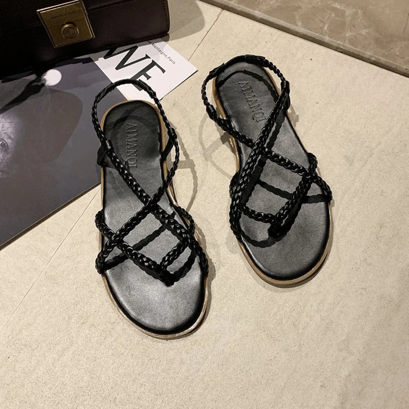 

Beach Shoes Summer Fashion Student Braided Clip Toe Ladies Sandals Thin Belt Combination Roman Sandals