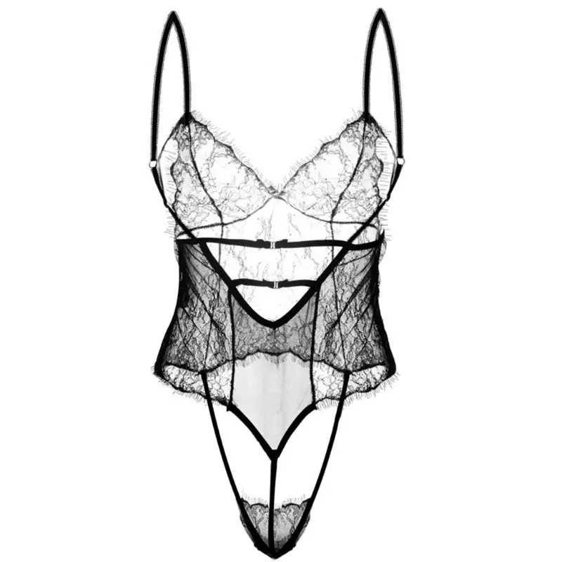 Women Erotic See Through Eyelash Floral Lace Lingerie Bodysuit Deep V-Neck Hollow Out Babydoll Nightwear Backless Solid Color