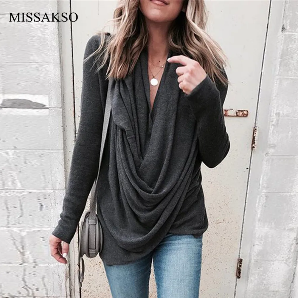 

Fashion Streetwear Scarf Collar Women Shirts Long Sleeve Spring Autumn Solid Gray Casual Loose Tops Female Blouse Blusas