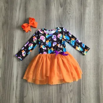

baby girls fall dress kids Halloween dress girl orange gauzy skirt girls long sleeve ghost dress with bow