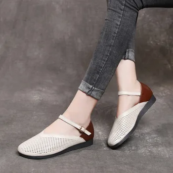

Fashion Women Flat Shoes Buckle Strap Shallow Breathable Summer Shoes Soft Genuine Leather Women Casual Shoes