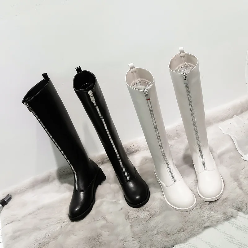 

2019 Zipper Simple Semi-high Heeled Knee Front Autumn And Winter Thigh Boot Women's New Style Versatile round-Toe Chunky Heel 4-