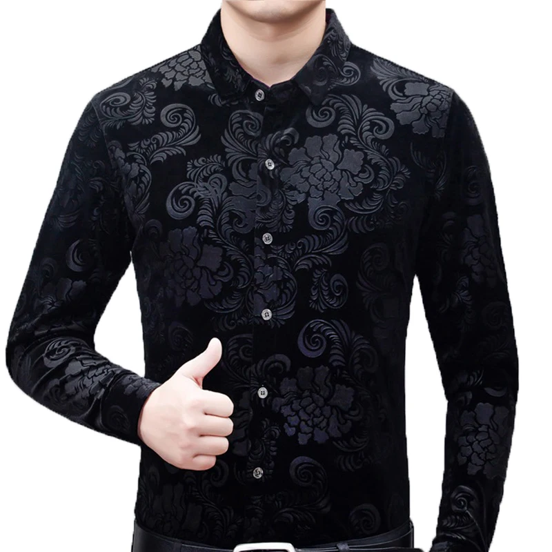 Men's Green Velvet Floral Dress Shirt - Slim Fit Velour Button Down Casual Shirt - View #13