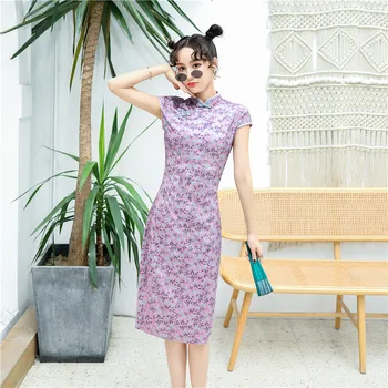 

Big Size Women Mandarin Collar Elegant Cheongsam Vestidso Sexy High Split Chinese Dress Novelty Short Sleeve Flower Qipao
