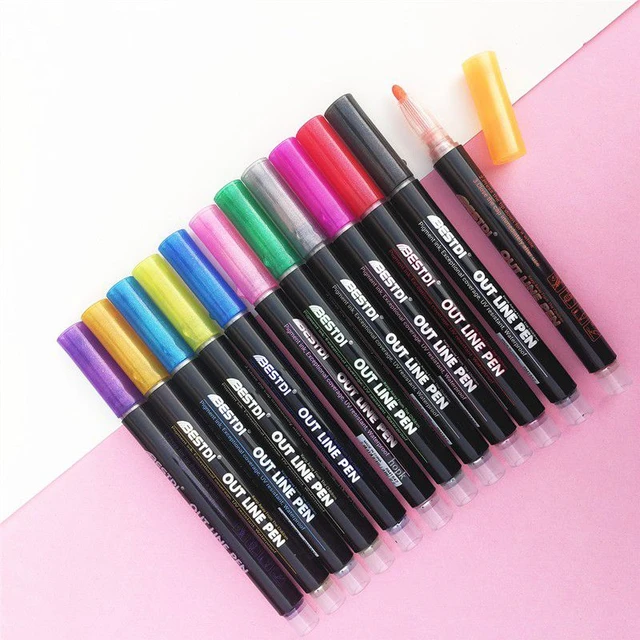 8/12/20 Colors Metallic Outline Markers Pens Glitter Double Line Outline  Pens for Birthday/Christmas Card, Scrapbooking - AliExpress