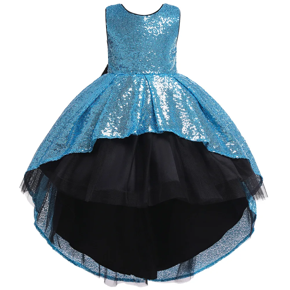 Шикарные Вечерние платья подружки невесты с блестками для подростков накидка для девочки с цветами и шлейфом для детей от 3 до 12 лет, Черное длинное платье для детей - Цвет: sky blue