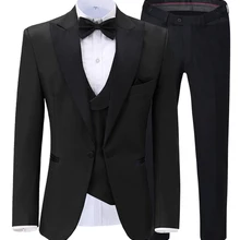 Черные мужские костюмы, приталенный костюм из 3 предметов с отворотами и v-образным вырезом для шафера на выпускной, смокинг для свадьбы(пиджак+ жилет+ брюки