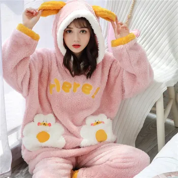 

Flannel Cute Cartoon Women Home Clothes 2 Pieces Set Hooded Loose Female Homewears 2020 Autumn Winter Sweet Ladies Homewear