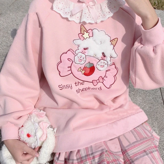Roupas femininas rosa kawaii, estilo escolar, de manga longa, bordado, para  mulheres / Moletons e blusões