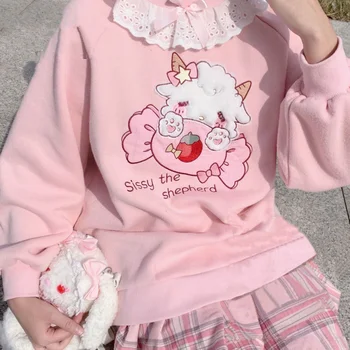 용수철 여성용 레이스 넥 귀여운 후드티, 하라주쿠 카와이 맨투맨 로리타 걸 핑크 풀오버, 양고기 사탕 자수, 2024