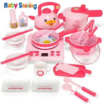 

Baby Shining Kids Kitchen Toys 13/18/25PCs Pink Cooking Playsets Rich Kitchenwares Miniature Food Toys Kitchen for Girls