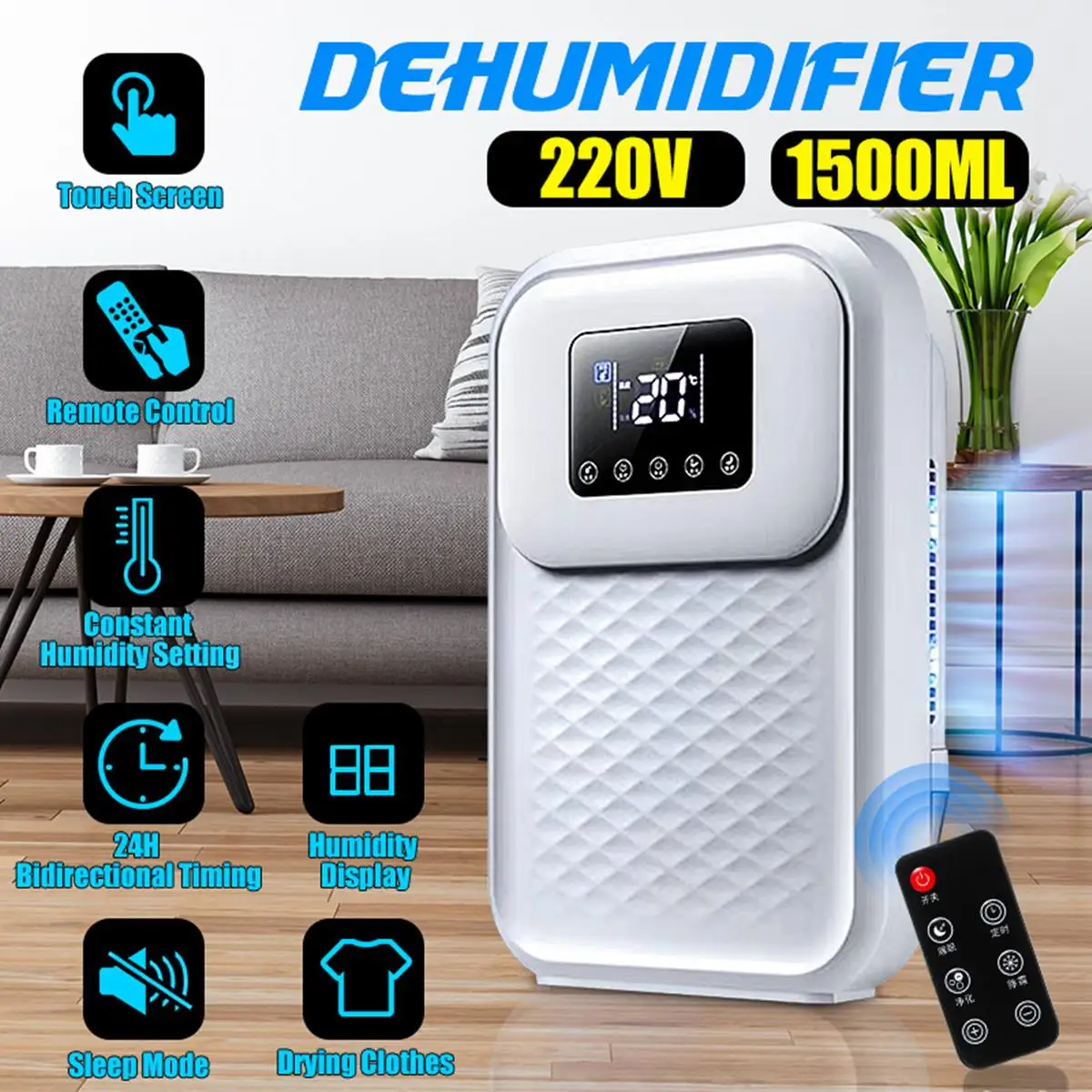 

Dehumidifier Intelligent Dryer Air Purification Household Moisture Absorber Bedroom Basement LED Smart Touch Remote Control