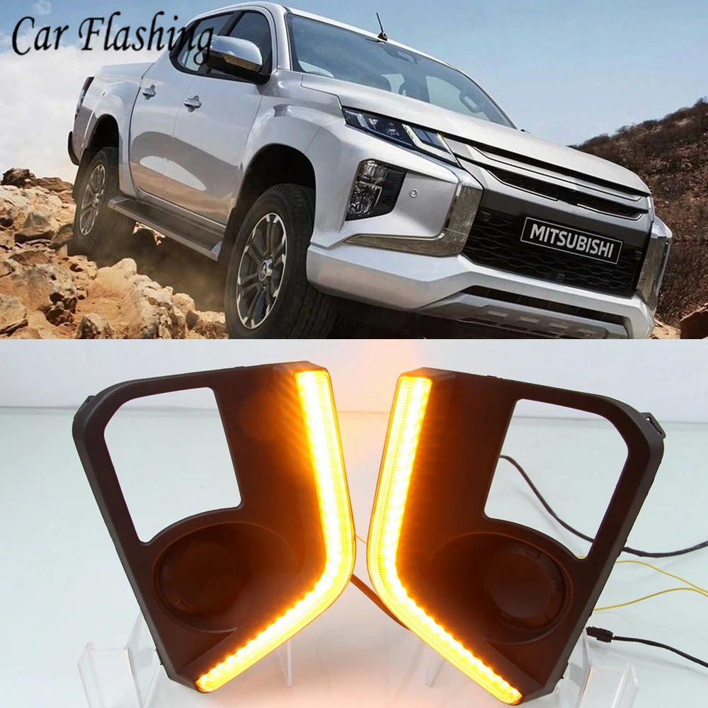 1 Set For Mitsubishi Triton L200 2019 2020 LED DRL Daytime Running Lights Fog Lamp Cover with Yellow Turn Signal | Автомобили и
