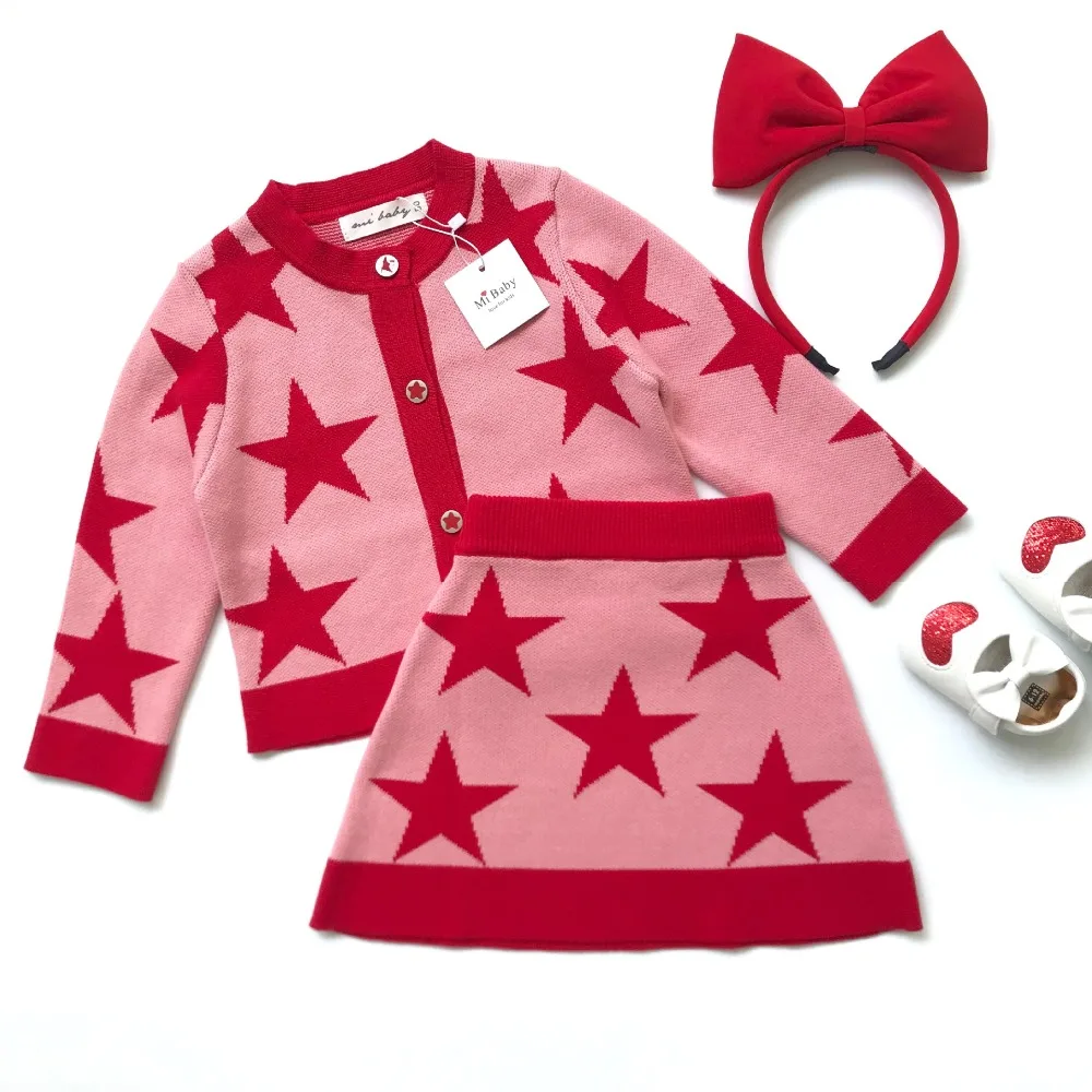 High Quality Winter Design Stars Children Girls Knitted Clothing Sets Sweater Skirt 2pcs Jacquard Cotton Kids Christmas Suits