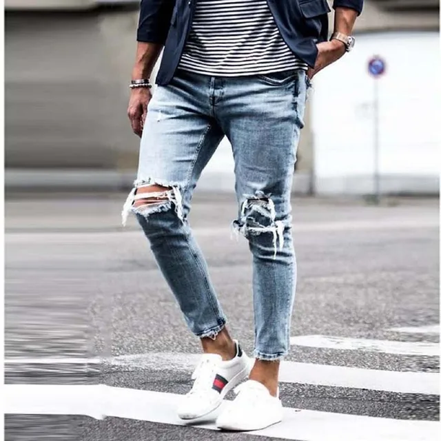 White Ripped Jeans Men Skinny Casual Stretch Denim Pencil Pants Zipper  Embroider Letters Hole Vintage Harajuku Jogger Trousers