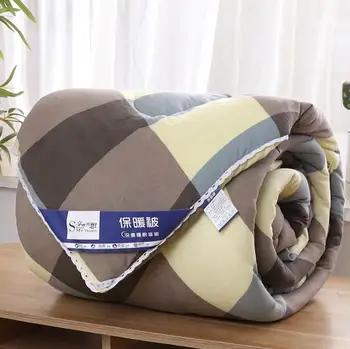 

Grey Grid Autumn&Winter Quilted Comforter Wash Cotton Fabric Silk Cotton Filler Bed Duvet Quilt with Lace Warm Comforter