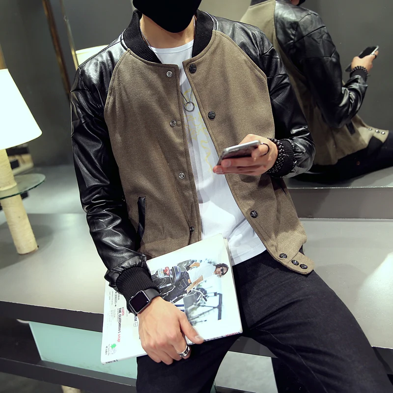 

Men PU Leather Sleeve Jacket Black Khaki Stand Collar Slim Fit Baseball Jackets