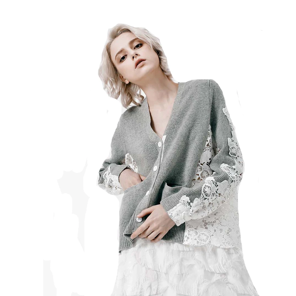 Women Chic V-neck Long Bay-wing Sleeves Hook Lace Back Splicing Knitting Cardigan Pocket Designed Matching Outwear Gray FS0660 |
