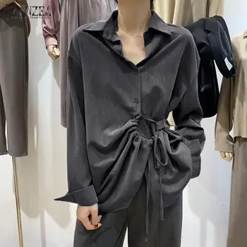 

Women's Asymmetrical Blouses 2020 ZANZEA Stylish Lapel Shirt Casual Long Sleeve Blusas Female Button Lace-Up Top Oversized Tunic