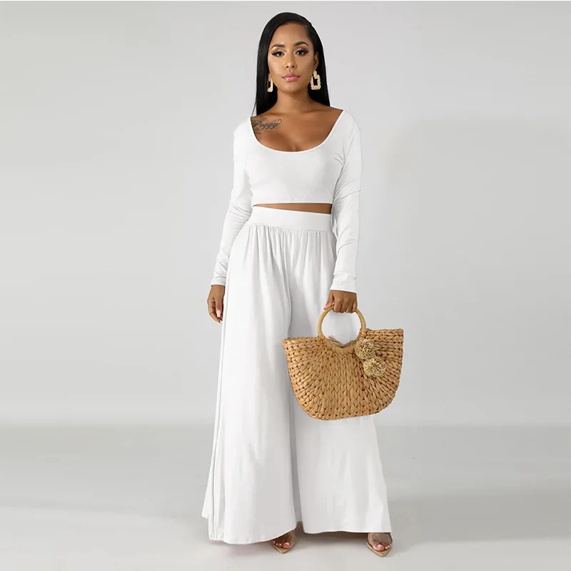 

Two Pieces Tracksuit Women Clothes O Neck Long Sleeve Crop Top And Wide Leg Pants Summer Matching Set Outfit