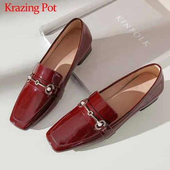 

Krazing Pot new genuine leather metal decorations slip on loafers shoes square toe low heels breathable women fashion pumps L10