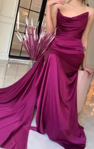 Smileven Yellow Sexy V Neck Mermaid Evening Dress Strapless High Side Split Prom Dresses Dubai Celebrity Dresses Party Gowns Grape purple