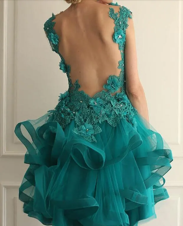 Green Cocktail Dresses Sheath Cap Sleeves Short Mini Hi Low Tulle Lace Pearls Party Homecoming Dresses Customized