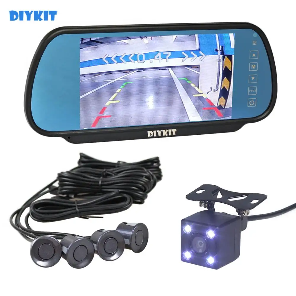 DIYKIT Видео парковочный радар 4 датчика + 7 &quotВстроенный ЖК дисплей зеркало