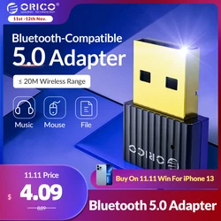 Orico mini transmissor sem fio usb bluetooth, adaptador dongle compatível com música 5.0 transmissor de áudio para pc alto falante mouse laptop